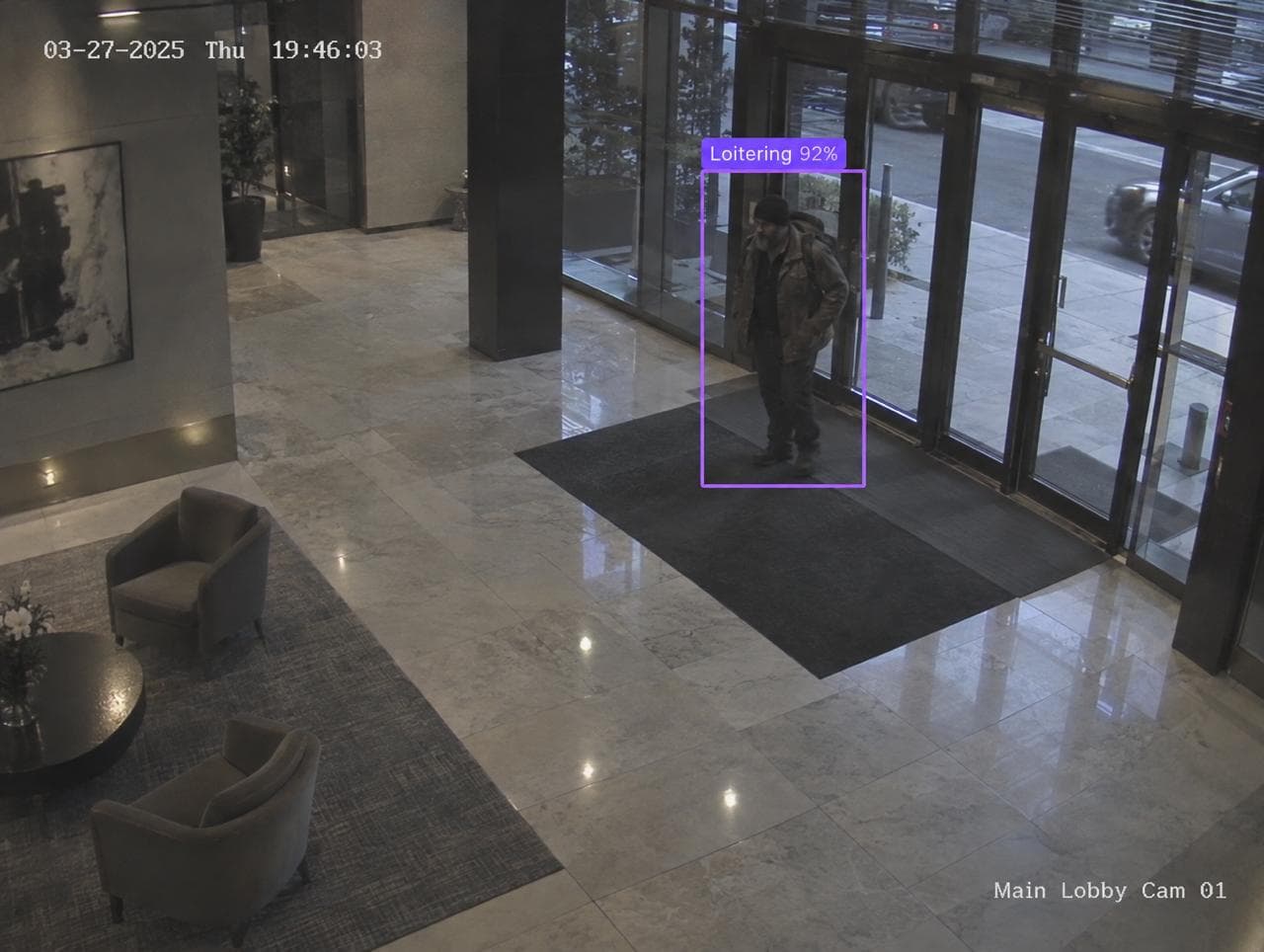 Lobby camera: a man by the entrance doors, boxed and labelled Loitering 92%